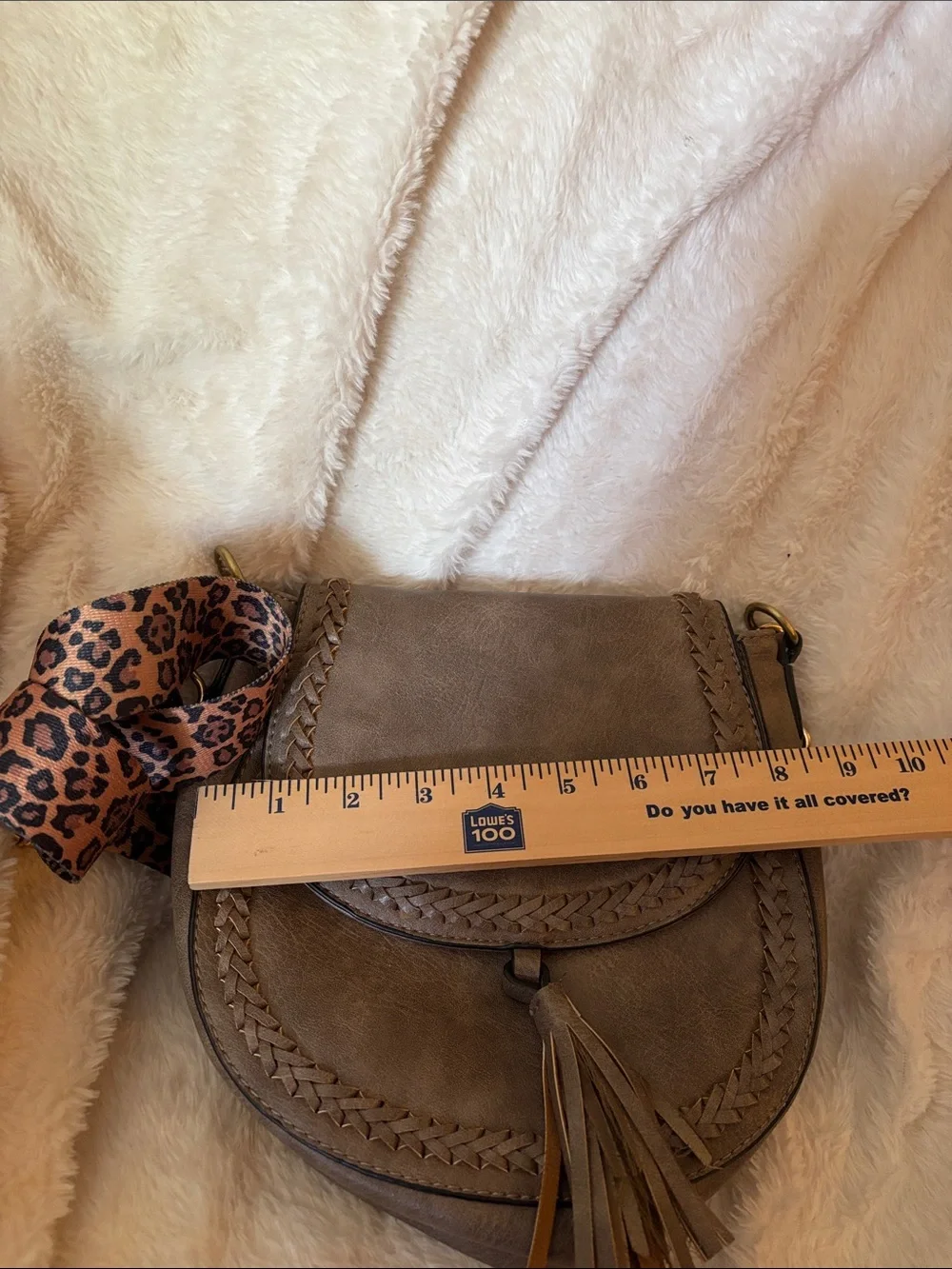 Braided Taupe Crossbody Bag with Tassel and Leopard Strap